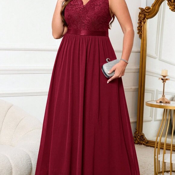 Burgundy Elegant Women's Plus Size Sleeveless Waist Cinched Party Dress - Picture 4 of 7